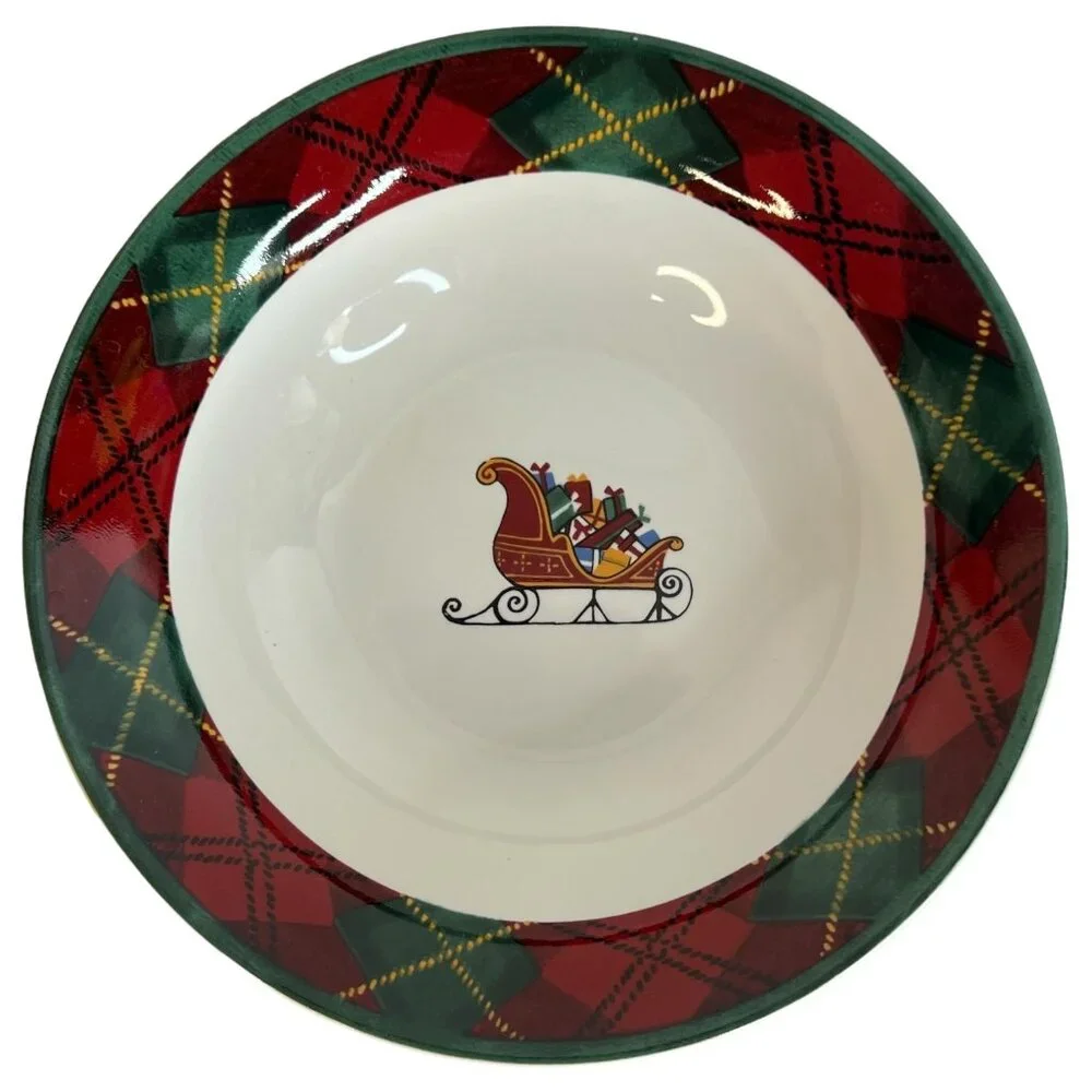 2 Block Father Christmas Soup Bowls Santa Sleigh Cereal Holiday Red Green‎ VTG